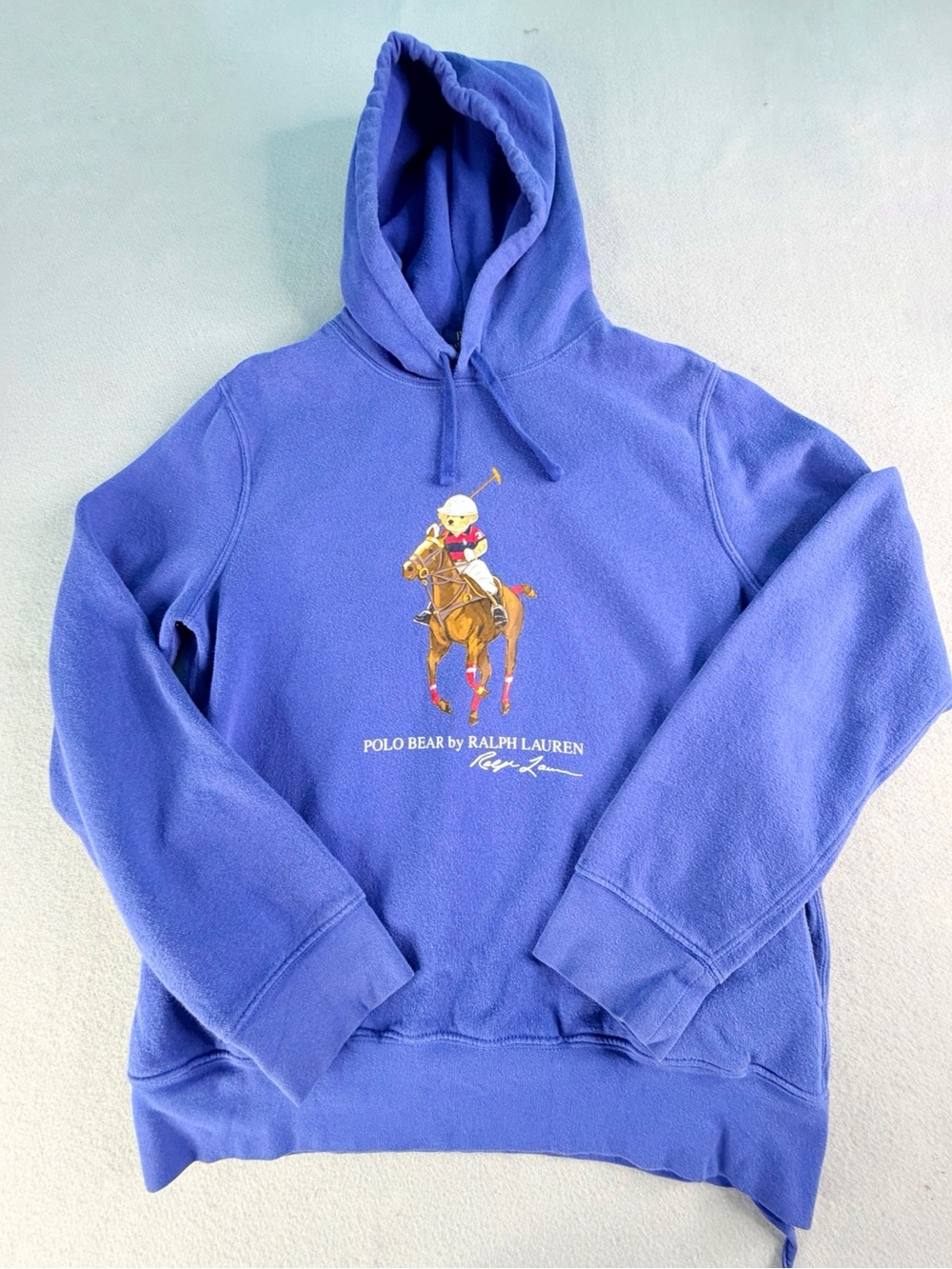 Polo Ralph Lauren Men's Small Blue Riding Bear Fleece Pullover Hoodie Ladcore